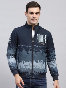 Monte Carlo - Men Printed Navy Blue High Neck Full Sleeve Jacket