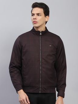 Monte Carlo - Men Checks Wine High Neck Full Sleeve Jacket