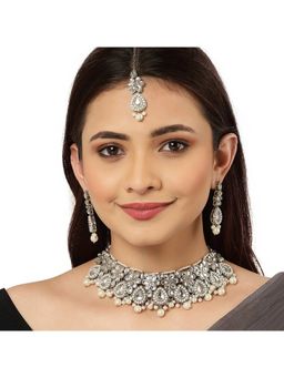 Karatcart - Oxidised Silver Pearl Beads Studded Kundan Choker Necklace Set (Set of 3)