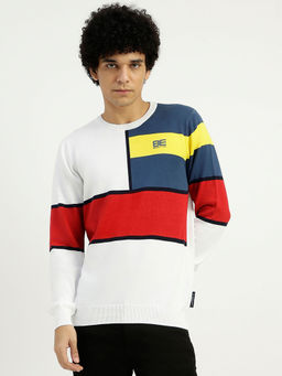 United Colors of Benetton - White Regular Fit Round Neck Colorblock Sweater