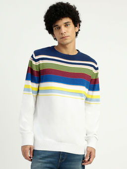 United Colors of Benetton - White Regular Fit Round Neck Striped Sweater