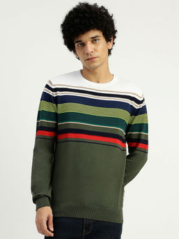 United Colors of Benetton - Green Regular Fit Round Neck Striped Sweater