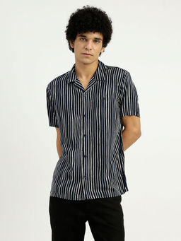United Colors of Benetton - Navy Blue Regular Fit Spread Collar Striped Shirt