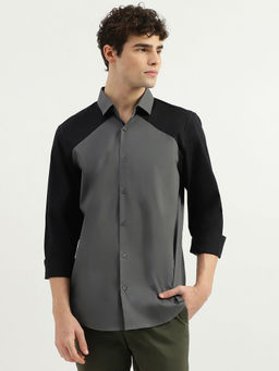United Colors of Benetton - Grey Slim Fit Spread Collar Colorblock Shirt