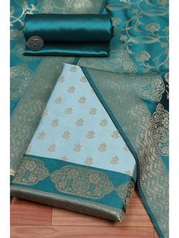 Biba - Women Teal Blue Silk Unstitched Top & Bottom with Dupatta