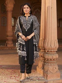 Women Plus - Black Embroidered Viscose Rayon Kurta and Pant with Dupatta