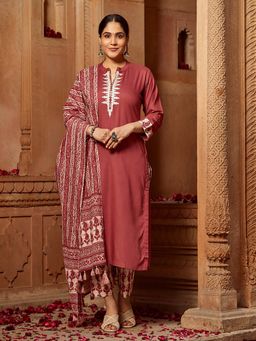 Women Plus - Red Embroidered Viscose Rayon Kurta and Pant with Dupatta