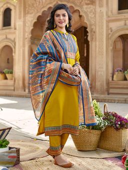 Women Plus - Mustard Embellished Rayon Kurta and Pant with Dupatta