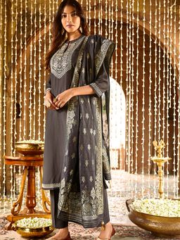 Women Plus - Grey Embroidered Silk Kurta and Pant with Dupatta