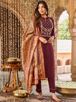 Women Plus - Maroon Floral Viscose Kurta and Pant with Dupatta