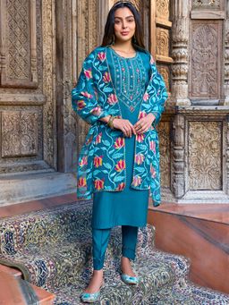 Women Plus - Blue Embroidered Silk Kurta and Pant with Dupatta