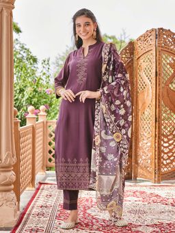 Women Plus - Purple Printed Silk Kurta and Pant with Dupatta
