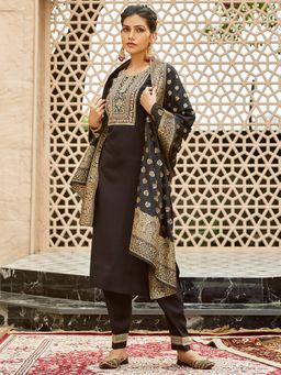 Women Plus - Black Embroidered Silk Kurta and Pant with Dupatta