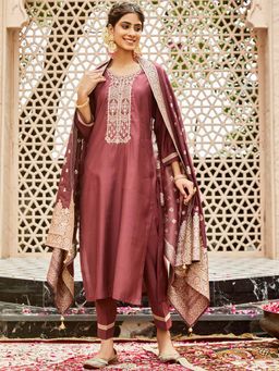 Women Plus - Red Embroidered Silk Kurta and Pant with Dupatta