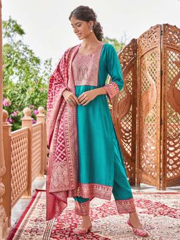 Women Plus - Blue Embroidered Silk Kurta and Pant with Dupatta