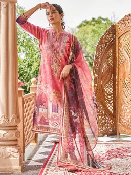 Women Plus - Pink Printed Silk Kurta and Pant with Dupatta