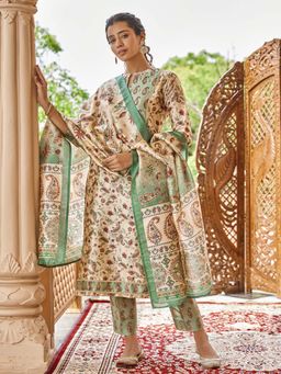 Women Plus - Beige Floral Silk Kurta and Pant with Dupatta
