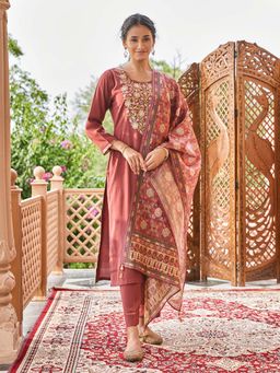 Women Plus - Red Floral Silk Kurta and Pant with Dupatta