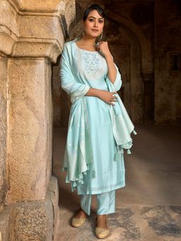 Women Plus - Blue Embroidered Silk Kurta and Pant with Dupatta