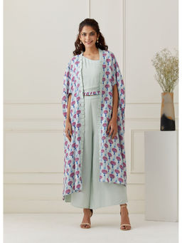 GRASS & SUNSHINE - Sea Green Top and Pant with Printed Jacket (Set of 3)