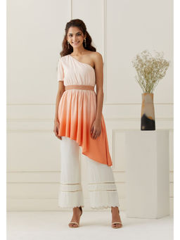 GRASS & SUNSHINE - one Shoulder Ombre Kurta with Scalloped Pant (Set of 2)