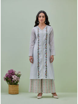 GRASS & SUNSHINE - Light Blue Chanderi Embroidered Kurta and Pant (Set of 2)