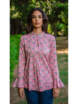 GRASS & SUNSHINE - Blush Hand Block Printed Modal Satin Bell Sleeve Top