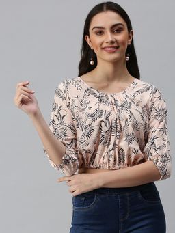 SHOWOFFFF - Women Round Neck Three Fourth Sleeves Printed Peach Crop Top