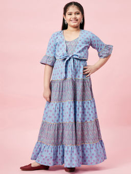 Stylo Bug - Hand Block Printed Ethnic Wear Dress with Jacket-Blue