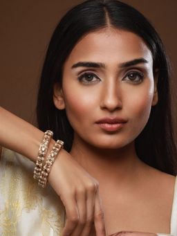 Aatmana - Rose Gold Plated White Pearl Beaded & Crystal Studded Bangles (Set of 2)