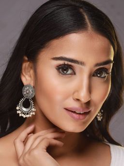 Aatmana - Pink & Silver Plated Oxidised Pearls Contemporary Drop Earrings