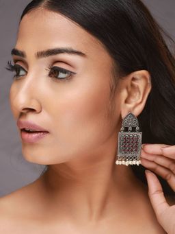 Aatmana - Red Stone & Pearl Studded Silver Toned Contemporary Drop Earrings