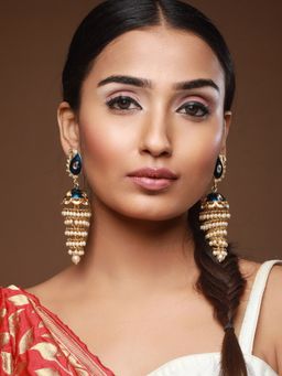 Aatmana - Blue Gold Plated Kundan Studded & Meenakari Jhumkas Earrings