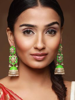 Aatmana - Green White Meenakari & Kundan Ethnic Long Jhumka Earrings