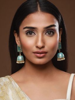 Aatmana - Turquoise Blue Gold Plated Stone Studded & Beaded Handcrafted Enamelled Jhumkas
