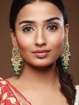 Aatmana - Green Gold Plated Kundan Studded & Beaded Meenakari Drop Earrings