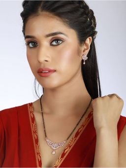 Aatmana - Rose Gold Plated Black Beaded & White AD Stone Studded Mangalsutra with Earrings