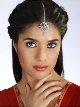 Aatmana - Silver Plated White AD & CZ Studded Handcrafted Jadau Maang Tikka