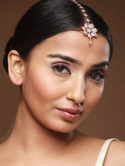 Aatmana - Rose Gold Plated White AD Studded Handcrafted Floral Maang Tikka