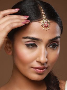 Aatmana - Gold Plated Maroon Green AD Studded & Beaded Handcrafted Maang Tikka