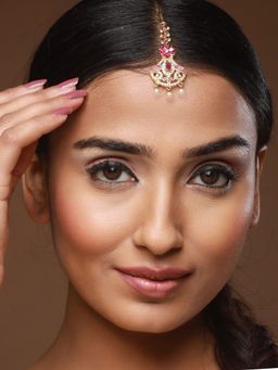 Aatmana - Gold Plated Maroon White AD Studded & Beaded Handcrafted Maang Tikka