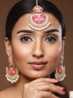 Aatmana - Gold Plated Meenakari Kundan Studded & Beaded Maang Tikka with Earrings