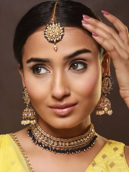 Aatmana - Gold Plated Blue & White Kundan Studded Beaded Choker Jewellery Set with Maang Tikka