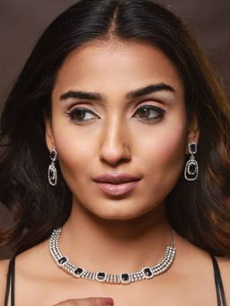 Aatmana - Silver Plated Blue American Diamond Studded Handcrafted Jewellery Set