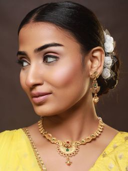 Aatmana - Gold Plated Red Green Stone Studded & Pearl Drop Handcrafted Jewellery Set