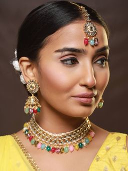 Aatmana - Gold Plated Multicolored Kundan Studded & Pearl Beaded Choker Set Maang Tikka
