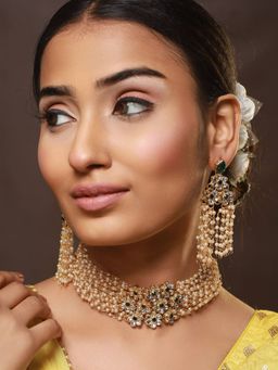 Aatmana - Gold Plated Green Kundan Studded & Pearl Beaded Multilayered Choker Jewellery Set