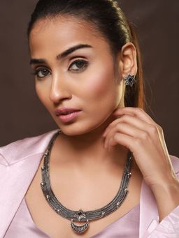 Aatmana - Silver Toned Red Stone Studded & Pearl Beaded Oxidised Jewellery Set