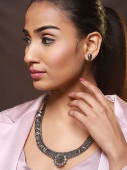 Aatmana - Oxidised Silver Tone Black Stone Studded Jewellery Set