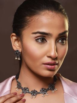 Aatmana - Oxidised Silver Tone Black Stone Studded & Pearl Beaded Floral Jewellery Set